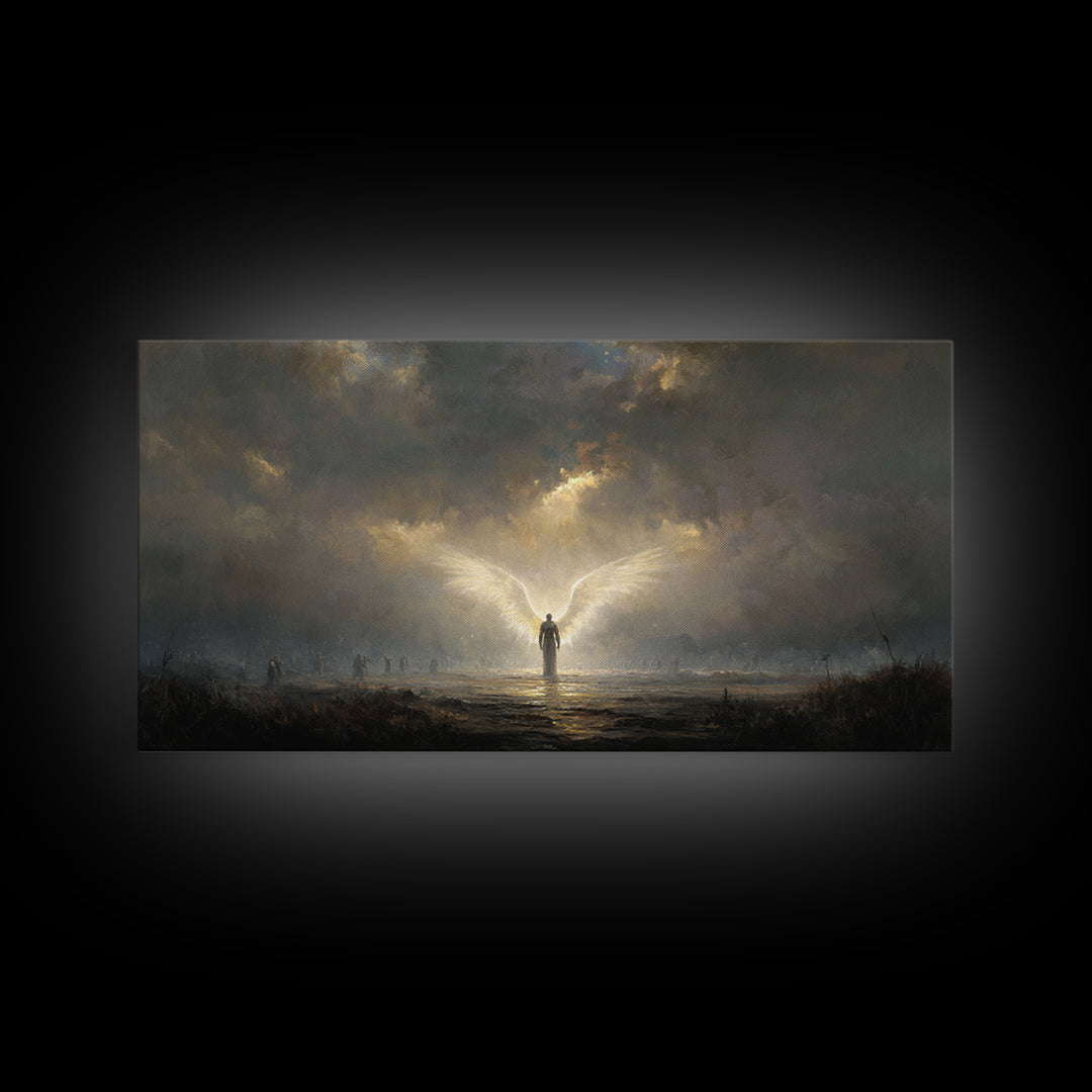 Radiant Angel In Storm Wall Art, Dark Fantasy Spiritual Canvas Print, Moody Religious Decor For Prayer Room And Bedroom Decor