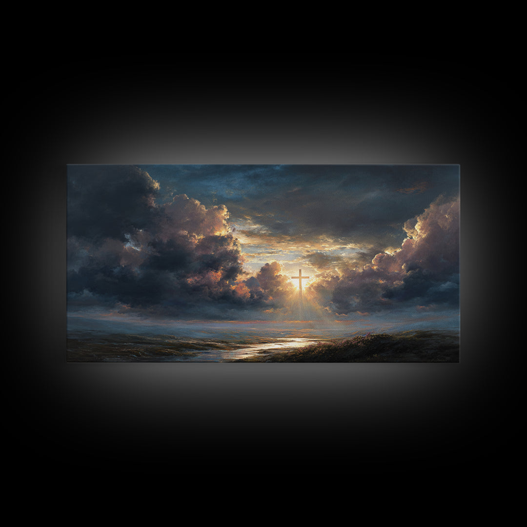 Radiant Cross In Storm Clouds Wall Art, Christian Landscape Canvas Print, Inspirational Faith Decor, Spiritual Sky Art Print