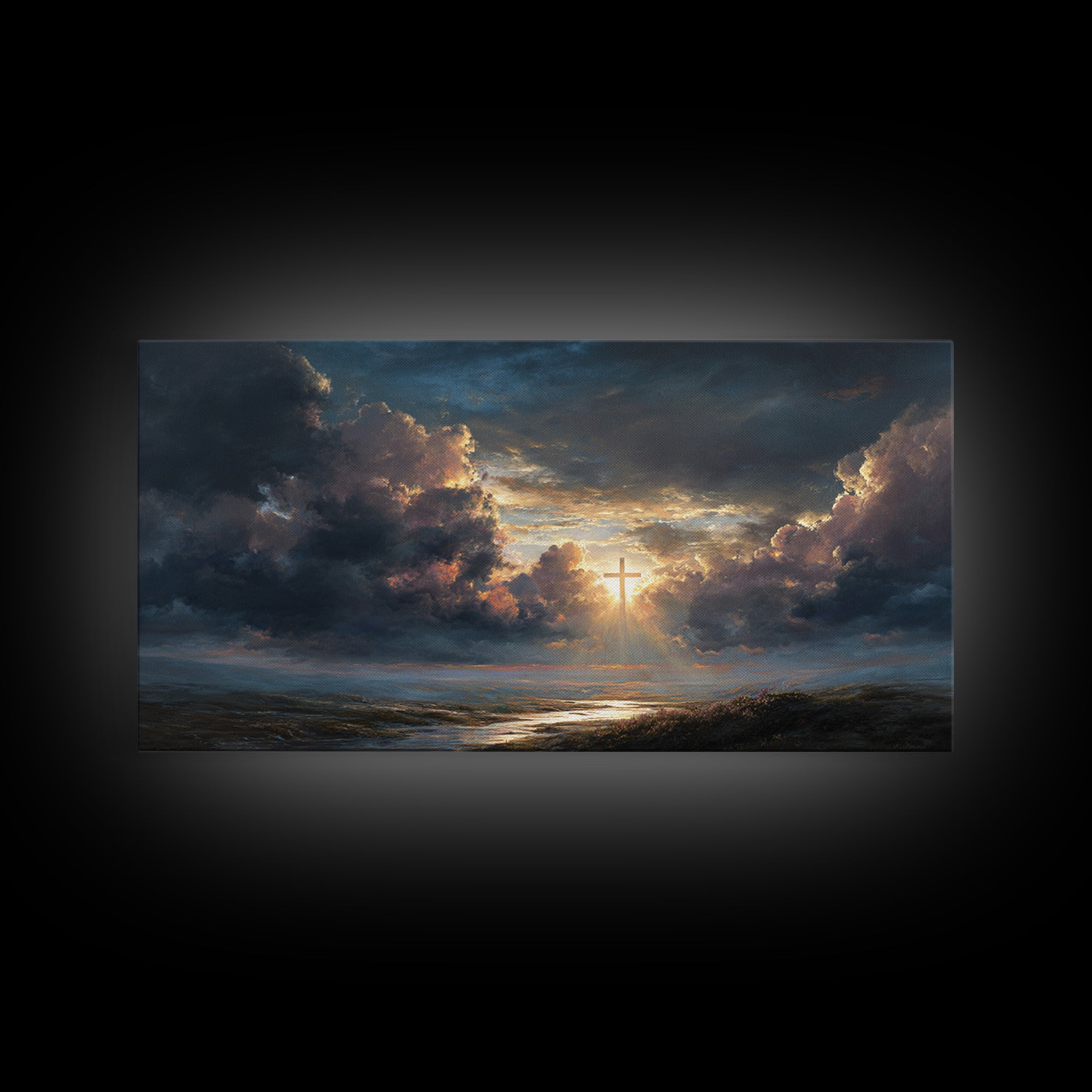 Radiant Cross In Storm Clouds Wall Art, Christian Landscape Canvas Print, Inspirational Faith Decor, Spiritual Sky Art Print