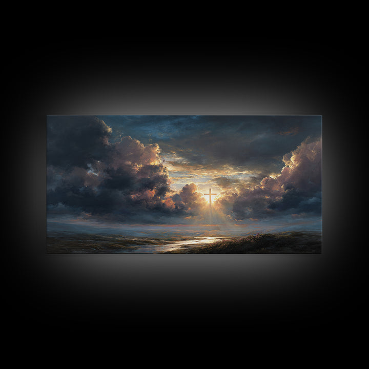 Radiant Cross In Storm Clouds Wall Art, Christian Landscape Canvas Print, Inspirational Faith Decor, Spiritual Sky Art Print