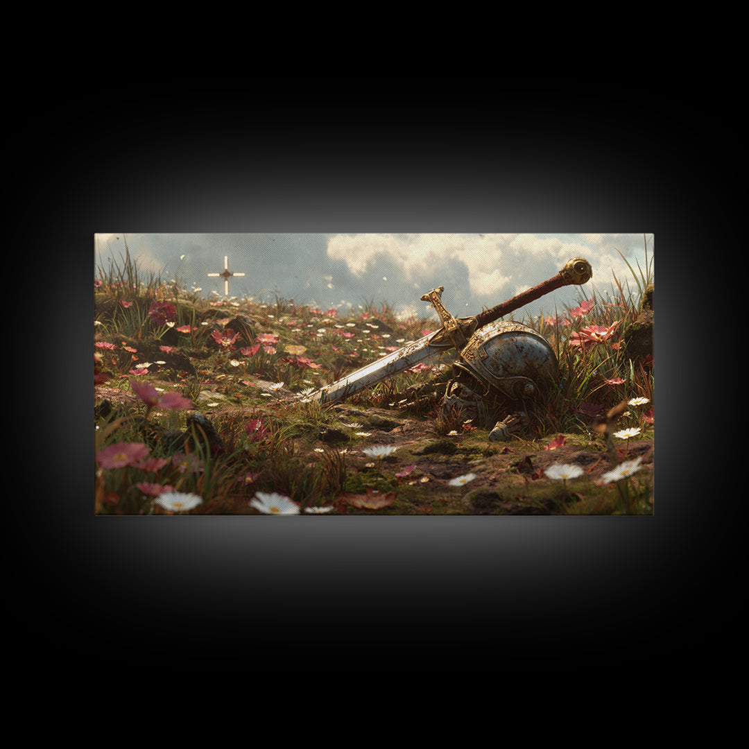 Flowered Battlefield Sword And Helmet Canvas Print, Fantasy Art, Knight Wall Decor, Gothic Gift For Him, Large Wall Art Print