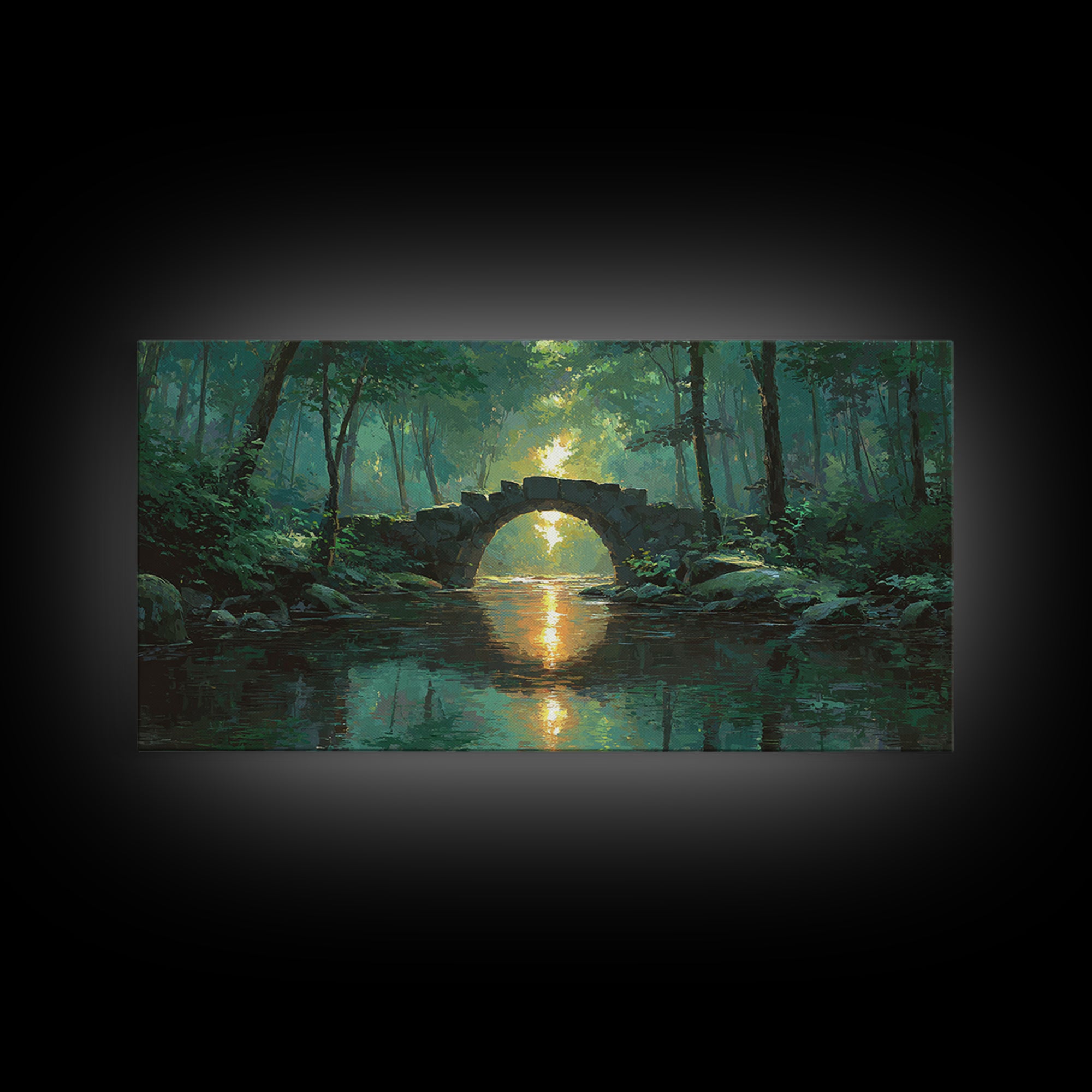 Sunlit Stone Bridge Over Forest River Canvas Print, Tranquil Landscape Wall Art, Japandi Nature Decor, Calming Home Gift