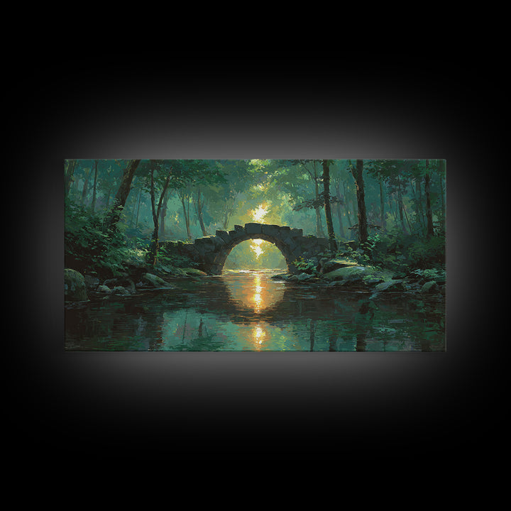 Sunlit Stone Bridge Over Forest River Canvas Print, Tranquil Landscape Wall Art, Japandi Nature Decor, Calming Home Gift