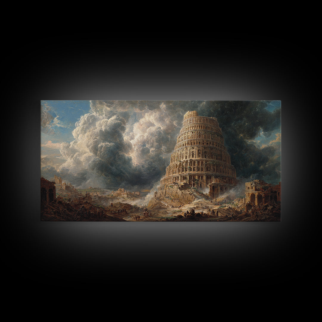 Tower Of Babel Storm Canvas Print, Biblical Architecture Wall Art, Dark Academia Decor, Classical Fantasy Landscape Art Print