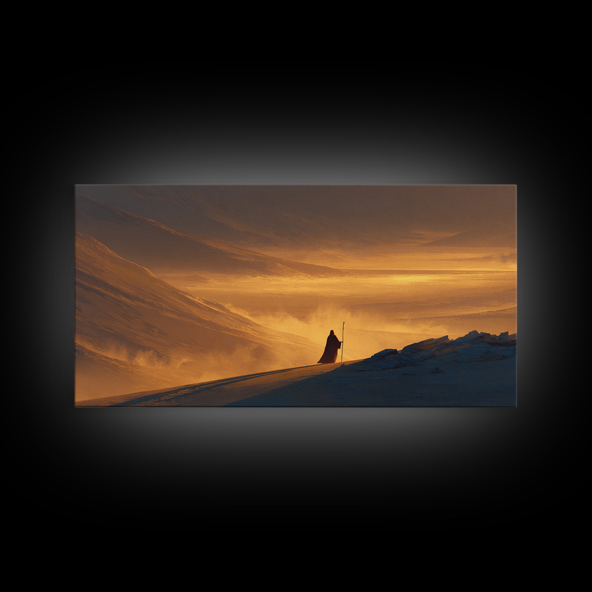 Lone Traveler In Golden Snowy Mountains Canvas Print, Epic Sunset Landscape Wall Art, Rustic Adventure Home Decor Gift For Him