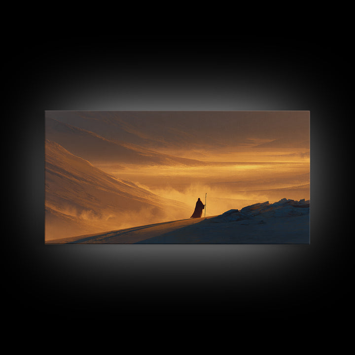 Lone Traveler In Golden Snowy Mountains Canvas Print, Epic Sunset Landscape Wall Art, Rustic Adventure Home Decor Gift For Him