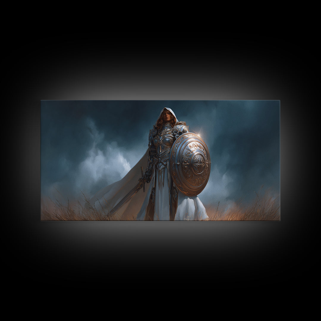 Armored Woman Warrior Framed Canvas Print, Fantasy Wall Art, Shield And Sword Decor, Strong Female Hero, Gamer Gift For Her