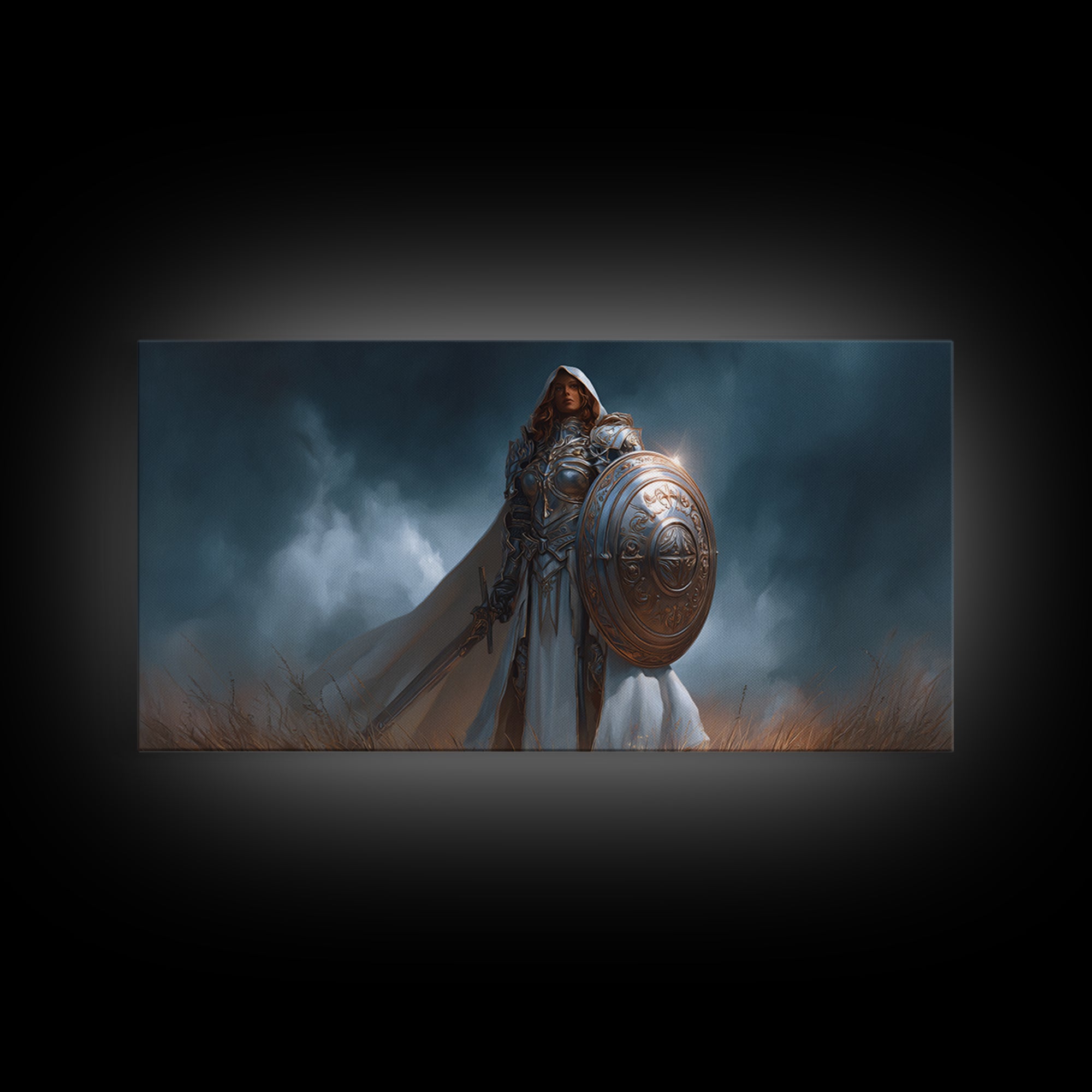 Armored Woman Warrior Framed Canvas Print, Fantasy Wall Art, Shield And Sword Decor, Strong Female Hero, Gamer Gift For Her