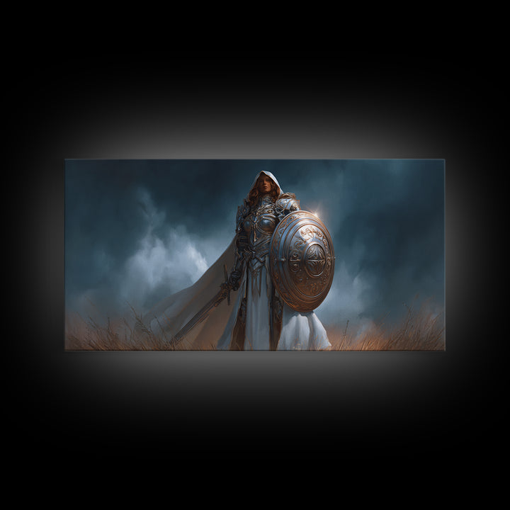 Armored Woman Warrior Framed Canvas Print, Fantasy Wall Art, Shield And Sword Decor, Strong Female Hero, Gamer Gift For Her