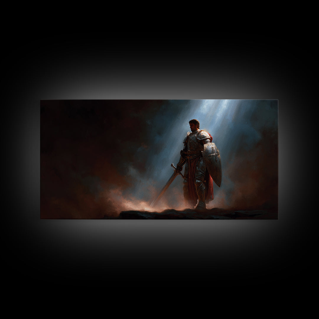 Armored Knight In Dramatic Light Canvas Print, Dark Fantasy Wall Art, Medieval Warrior Decor, Gothic Gift For Him, Game Room Art