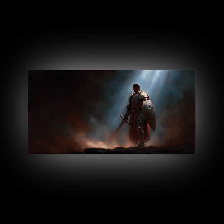 Armored Knight In Dramatic Light Canvas Print, Dark Fantasy Wall Art, Medieval Warrior Decor, Gothic Gift For Him, Game Room Art