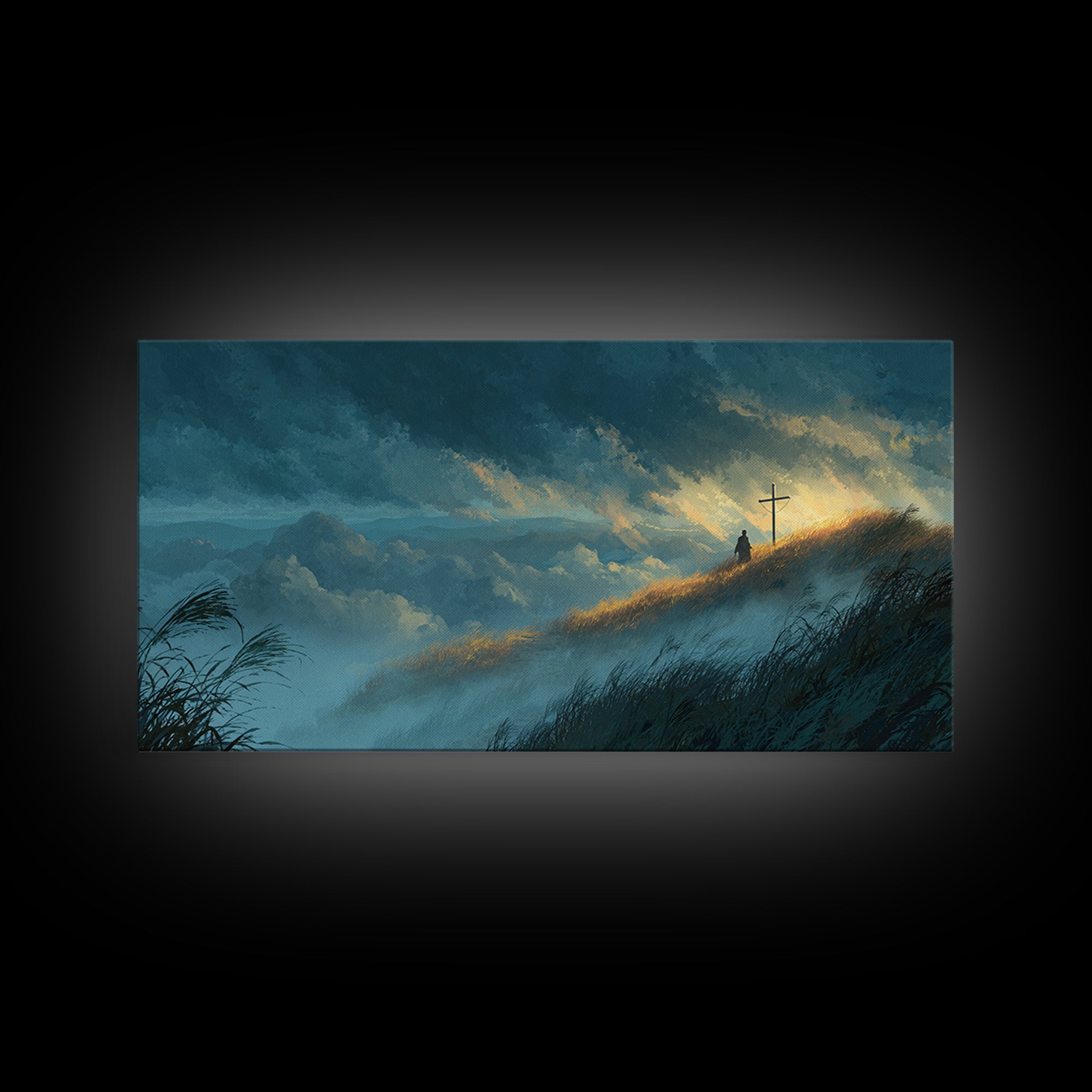 Sunlit Mountain Hill With Lone Cross Wall Art, Spiritual Landscape Canvas Print, Christian Decor, Calming Nature Art For Bedroom