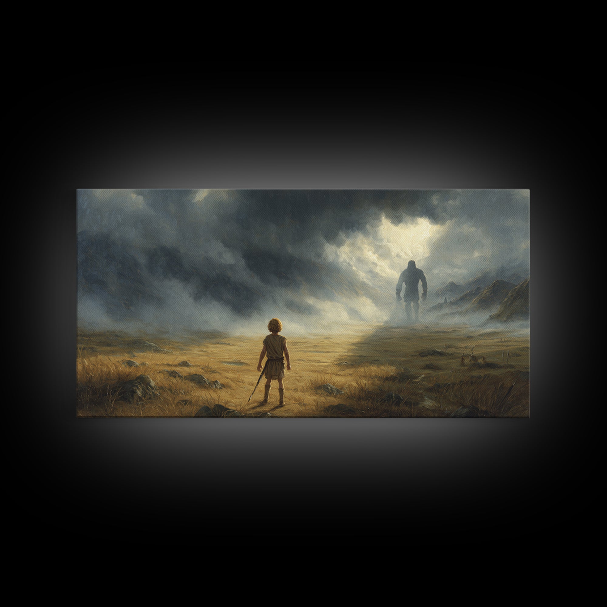 Child Facing Giant In Stormy Valley Wall Art, Fantasy Landscape Canvas Print, Moody Adventure Decor, Dark Surreal Gift For Him