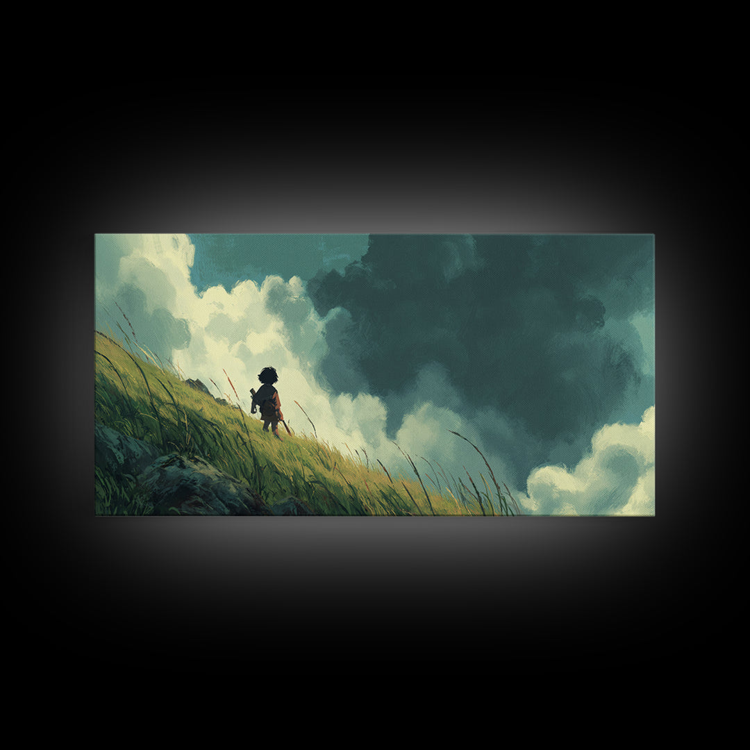 Child On Windswept Grassy Hill Wall Art, Dramatic Cloud Landscape, Whimsical Nursery Decor, Fantasy Adventure Canvas Print
