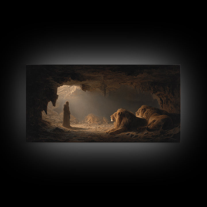 Daniel In The Lions Den Wall Art, Biblical Fantasy Canvas Print, Dramatic Cave Painting, Christian Home Decor Inspirational Gift
