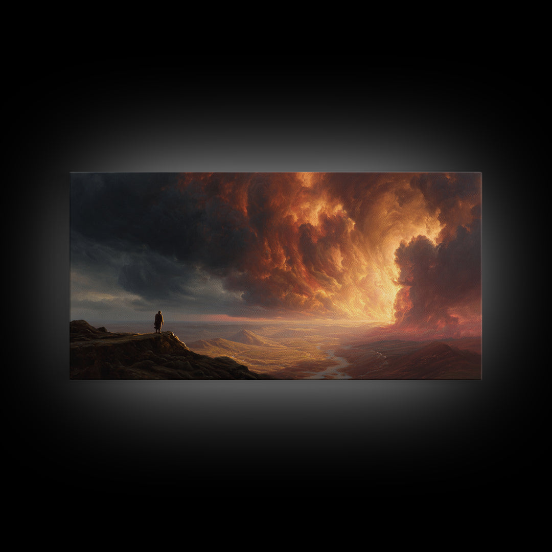 Lone Traveler Storm Valley Wall Art, Dramatic Sunset Landscape Canvas Print, Moody Mountain Decor, Fantasy Fine Art Print