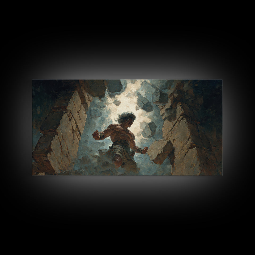 Mighty Warrior Breaking Stone Wall Art, Dramatic Fantasy Canvas Print, Epic Battle Decor For Game Room Or Man Cave Wall Decor