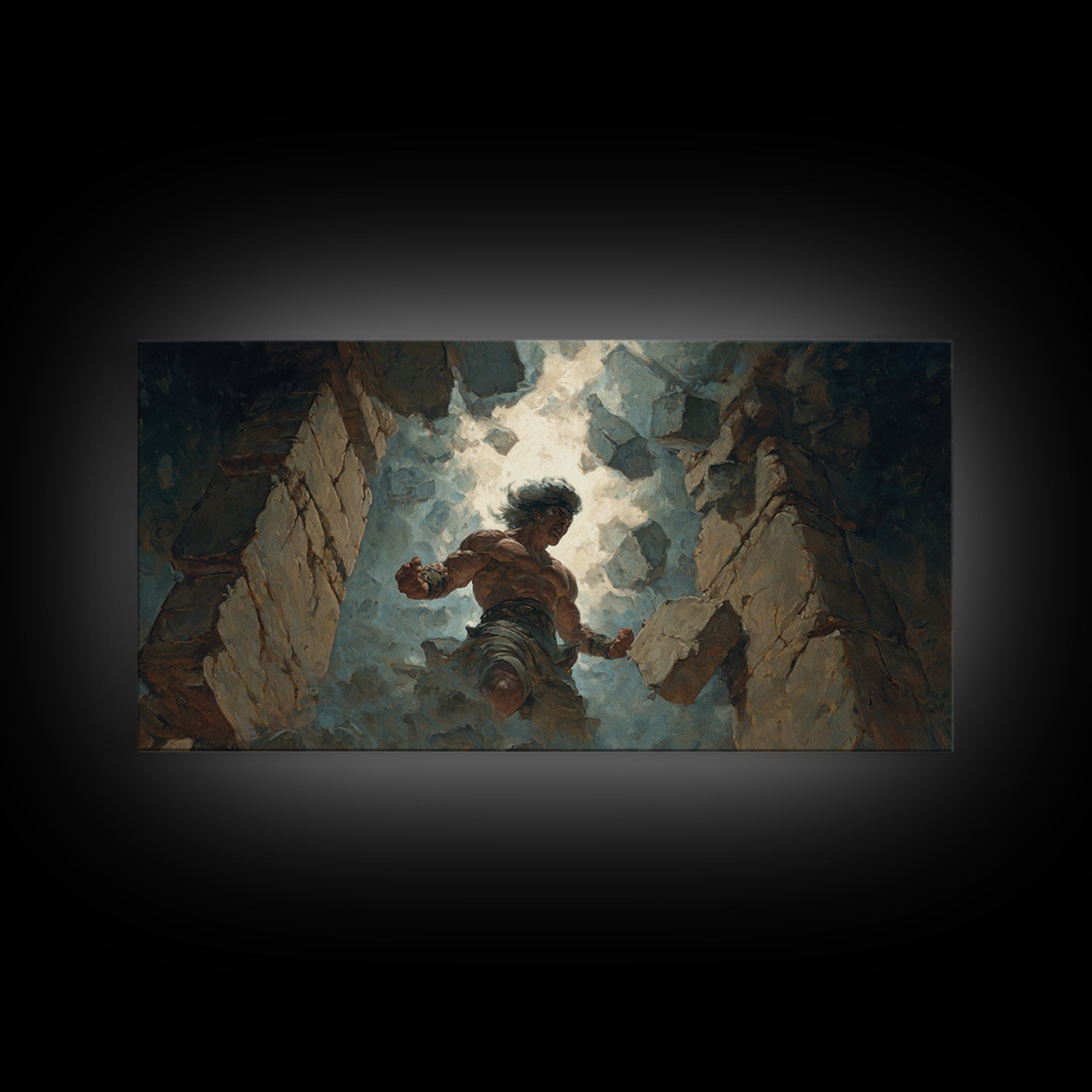 Mighty Warrior Breaking Stone Wall Art, Dramatic Fantasy Canvas Print, Epic Battle Decor For Game Room Or Man Cave Wall Decor