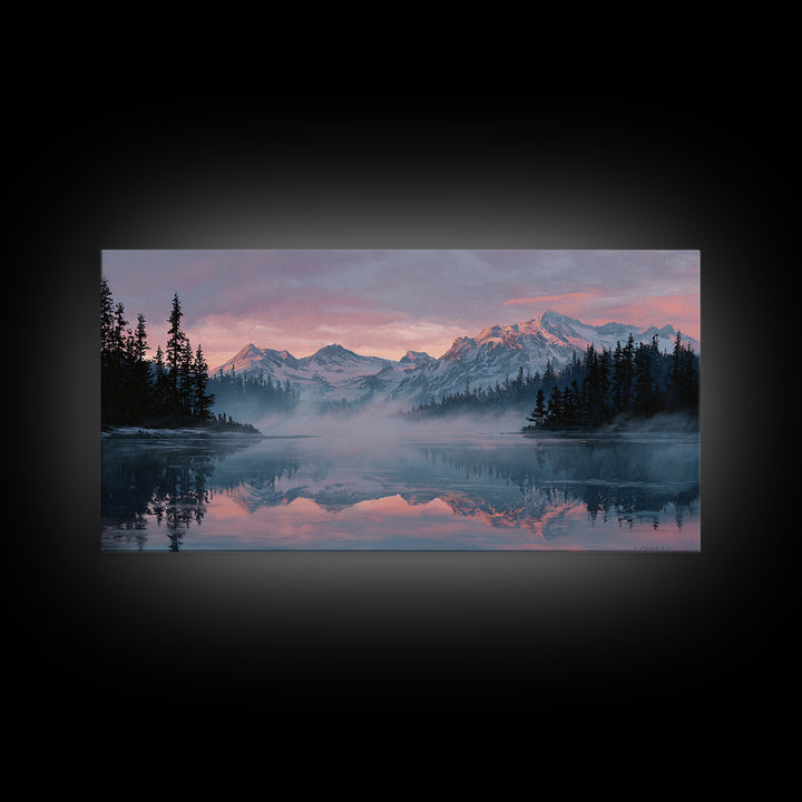 Pink Alpine Mountain Lake Wall Art, Misty Forest Landscape Canvas Print, Nature Decor, Large Wall Art For Living Room Decor
