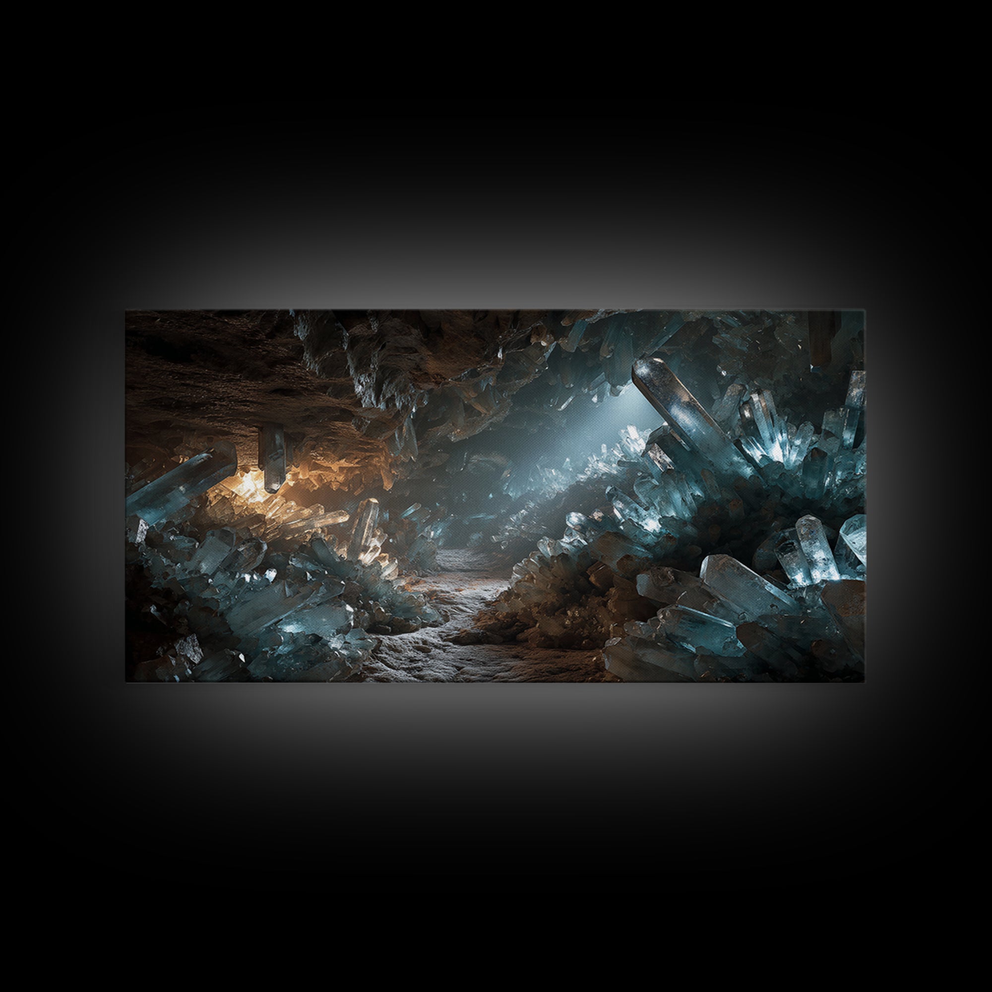 Glowing Crystal Cave Fantasy Canvas Print, Blue Quartz Cavern Wall Decor, Mystical Landscape Art, Unique Gamer Room Gift