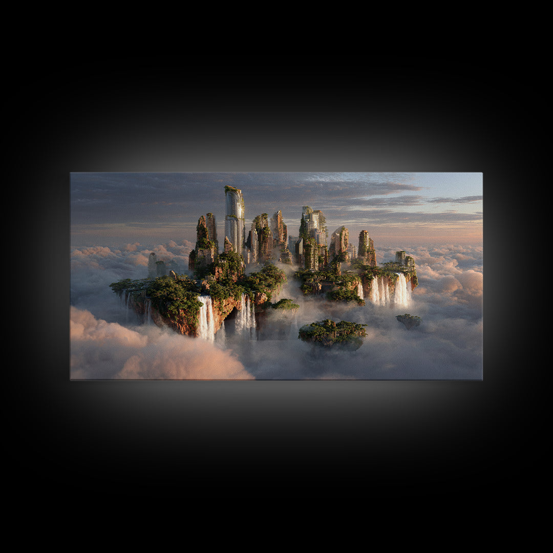 Floating Island City Above Clouds Wall Art, Fantasy Landscape Canvas Print, Surreal Modern Decor, Statement Artwork Gift
