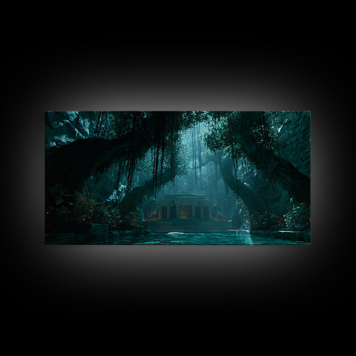 Teal Jungle Temple Cave With Waterfall Wall Art, Fantasy Canvas Print, Moody Nature Decor, Zen Home Decor, Unique Gift For Her