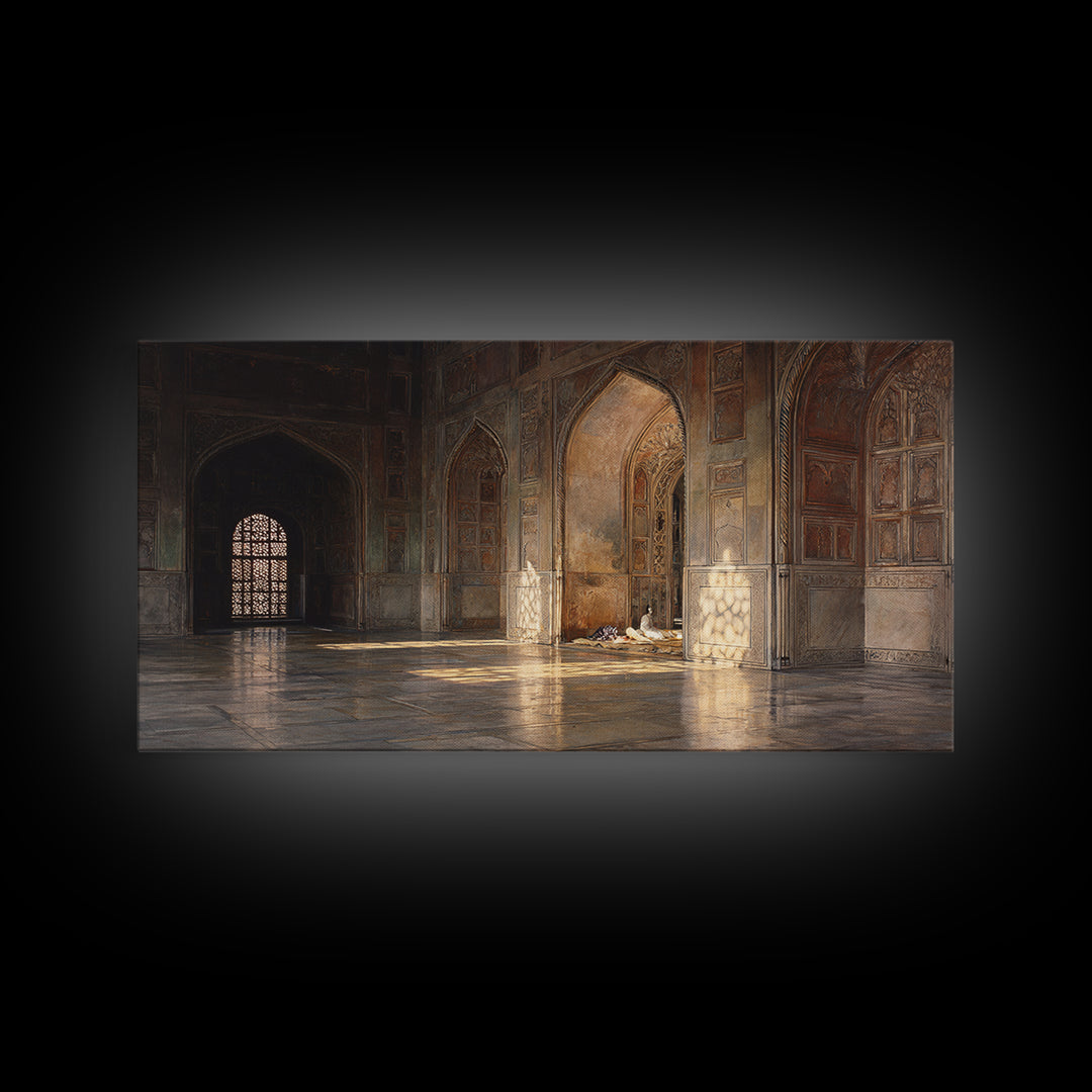 Sunlit Islamic Architecture Wall Art, Historic Mosque Interior Canvas Print, Moroccan Arches Decor, Prayer Room Gift For Home