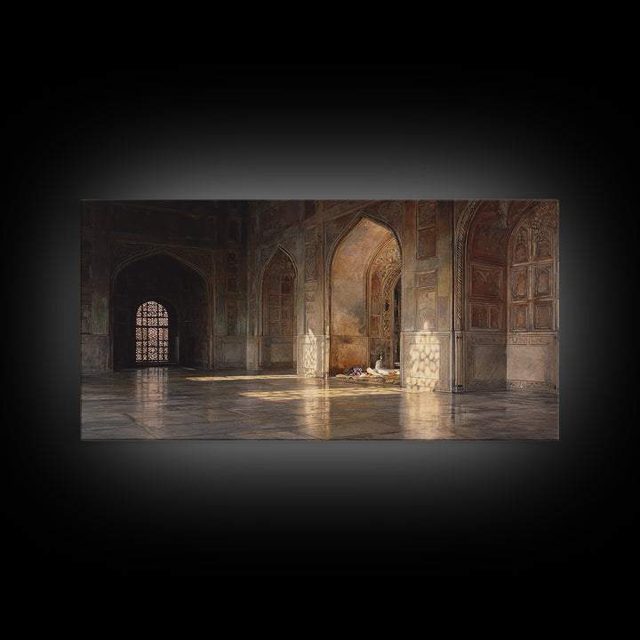 Sunlit Islamic Architecture Wall Art, Historic Mosque Interior Canvas Print, Moroccan Arches Decor, Prayer Room Gift For Home