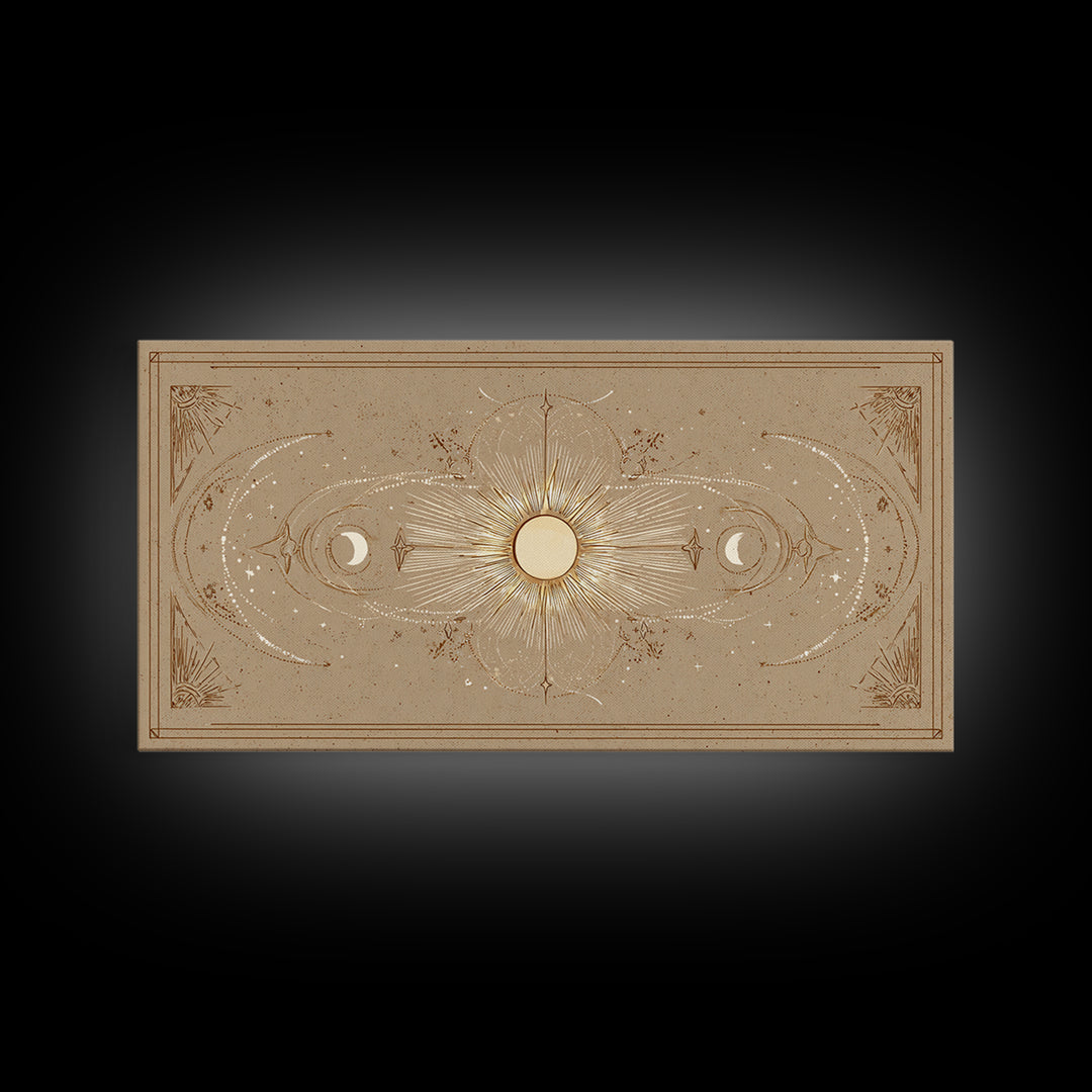 Celestial Sun And Moon Wall Art, Gold Mystic Canvas Print, Boho Astrology Decor, Neutral Bedroom Above Bed Wall Decor, Housewarming Gift