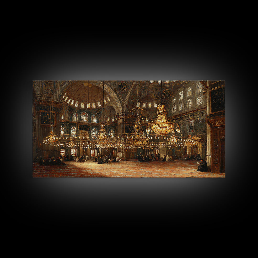 Ornate Mosque Interior With Golden Chandeliers Framed Canvas Print, Islamic Architecture Wall Art, Elegant Ramadan Decor