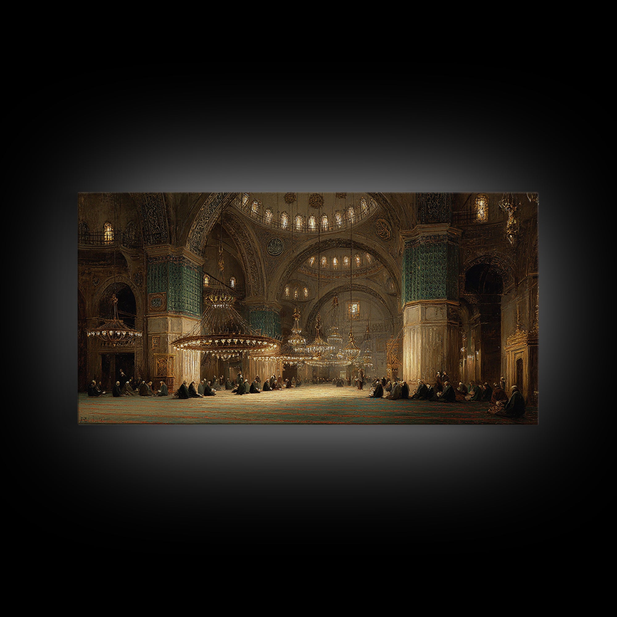 Golden Mosque Interior Prayer Hall Wall Art, Islamic Architecture Framed Canvas Print, Spiritual Decor, Eid Housewarming Gift