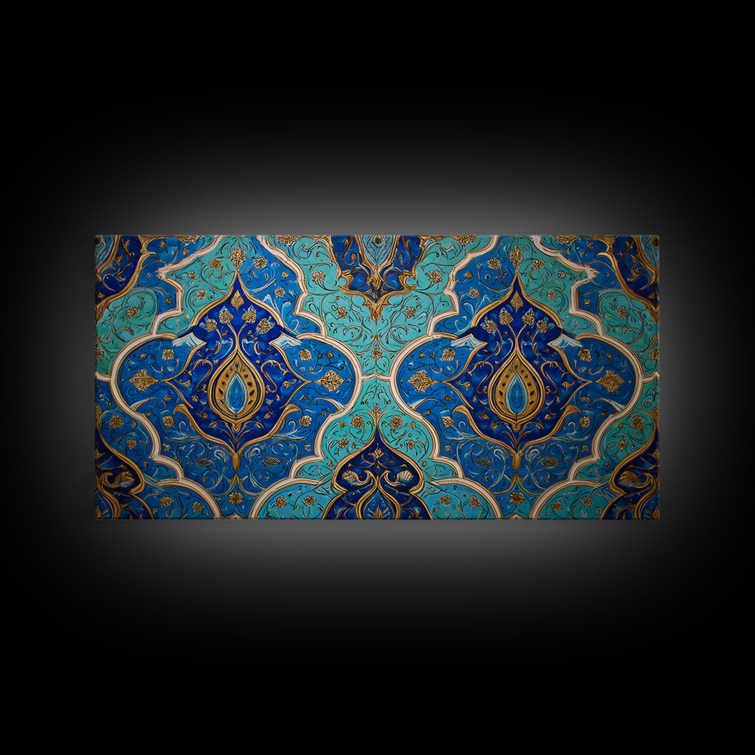 Blue Gold Moroccan Tile Pattern Wall Art, Islamic Home Decor, Boho Wall Decor, Geometric Art, Luxury Statement Artwork Gift