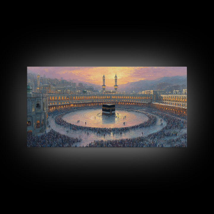 Sunset Kaaba Pilgrimage At Mecca Framed Canvas Print, Islamic Wall Art, Muslim Home Decor, Spiritual Gift, Prayer Room Decor