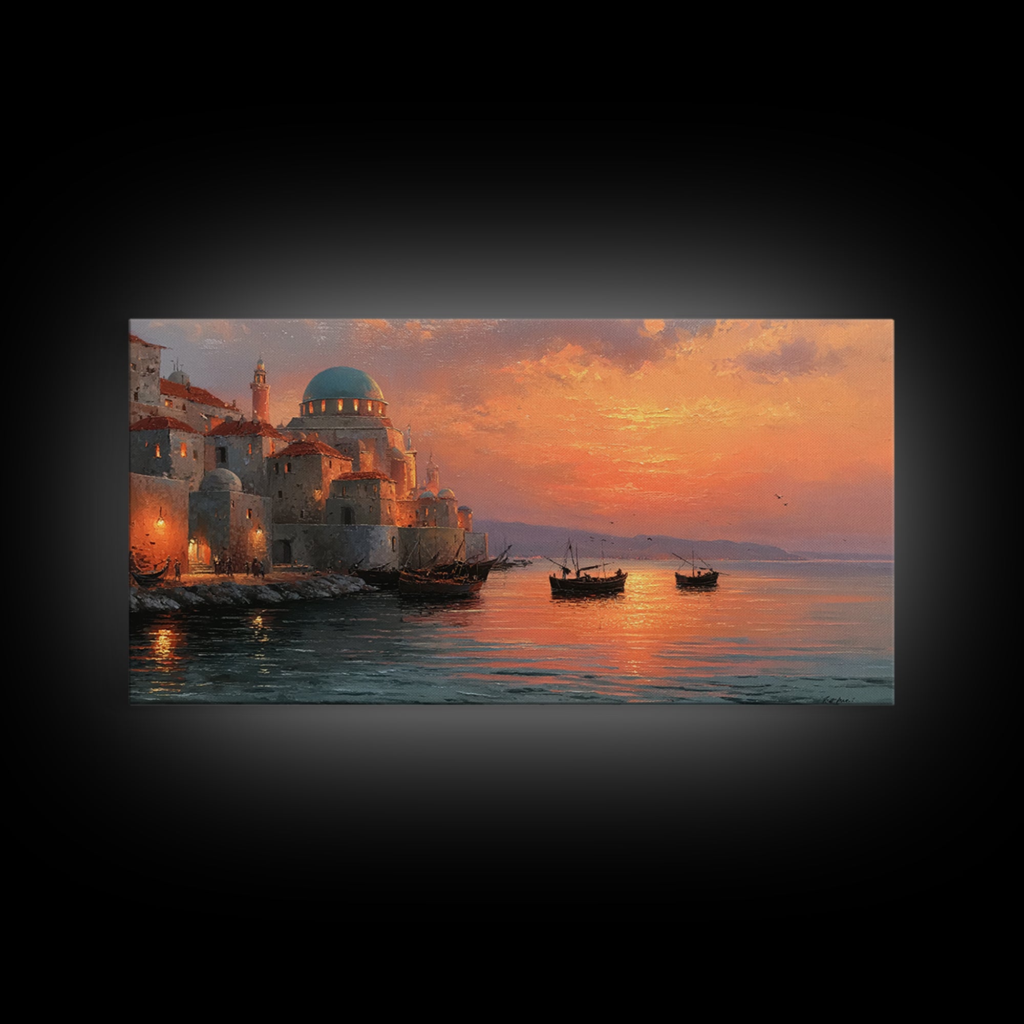 Mediterranean Dome Harbor Sunset Canvas Print, Coastal Wall Art, Italian Seascape Decor, Boats Over Water, Travel Gift Idea