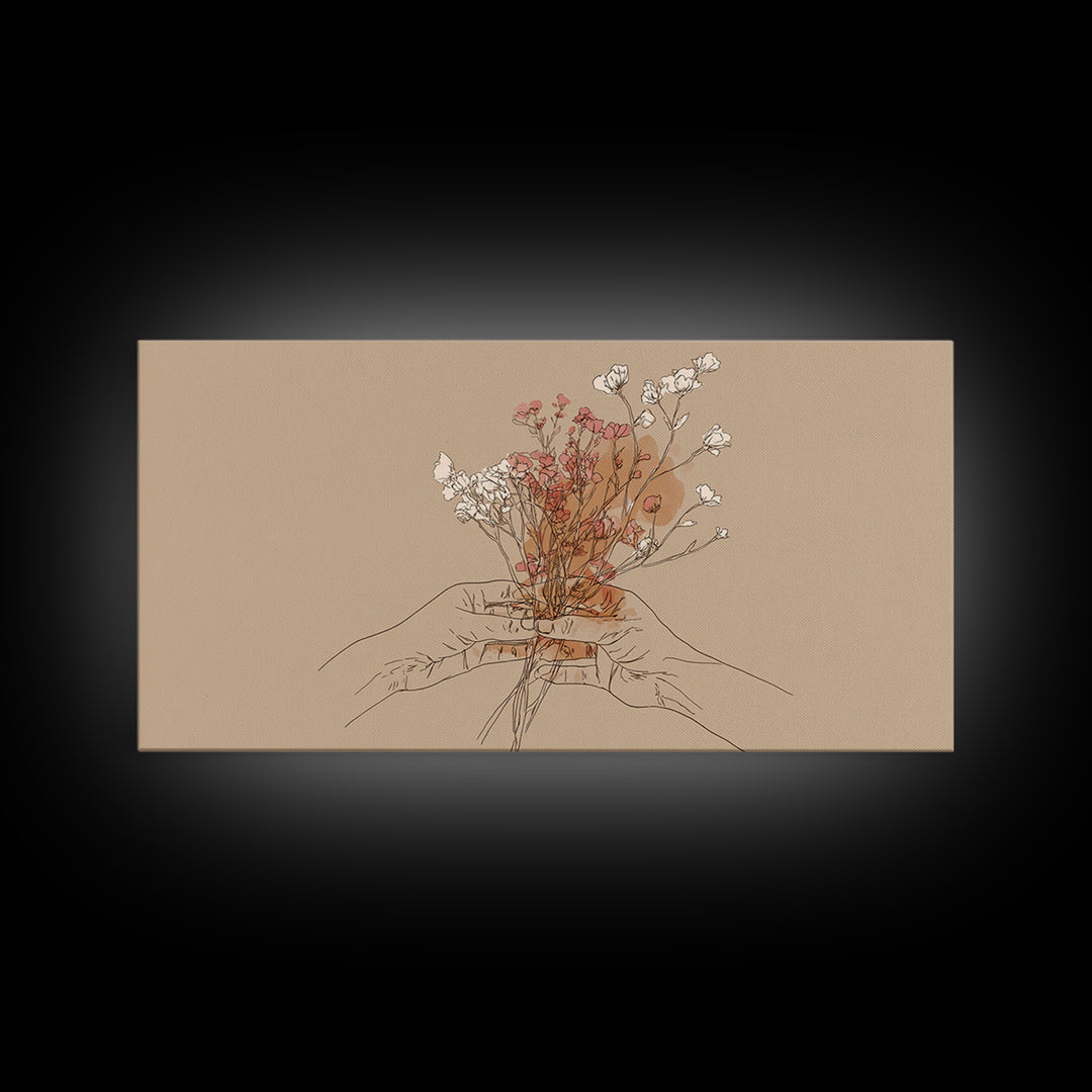 Hands Holding Wildflowers Wall Art, Minimal Line Art Canvas Print, Neutral Botanical Decor, Feminine Bedroom Gift For Her