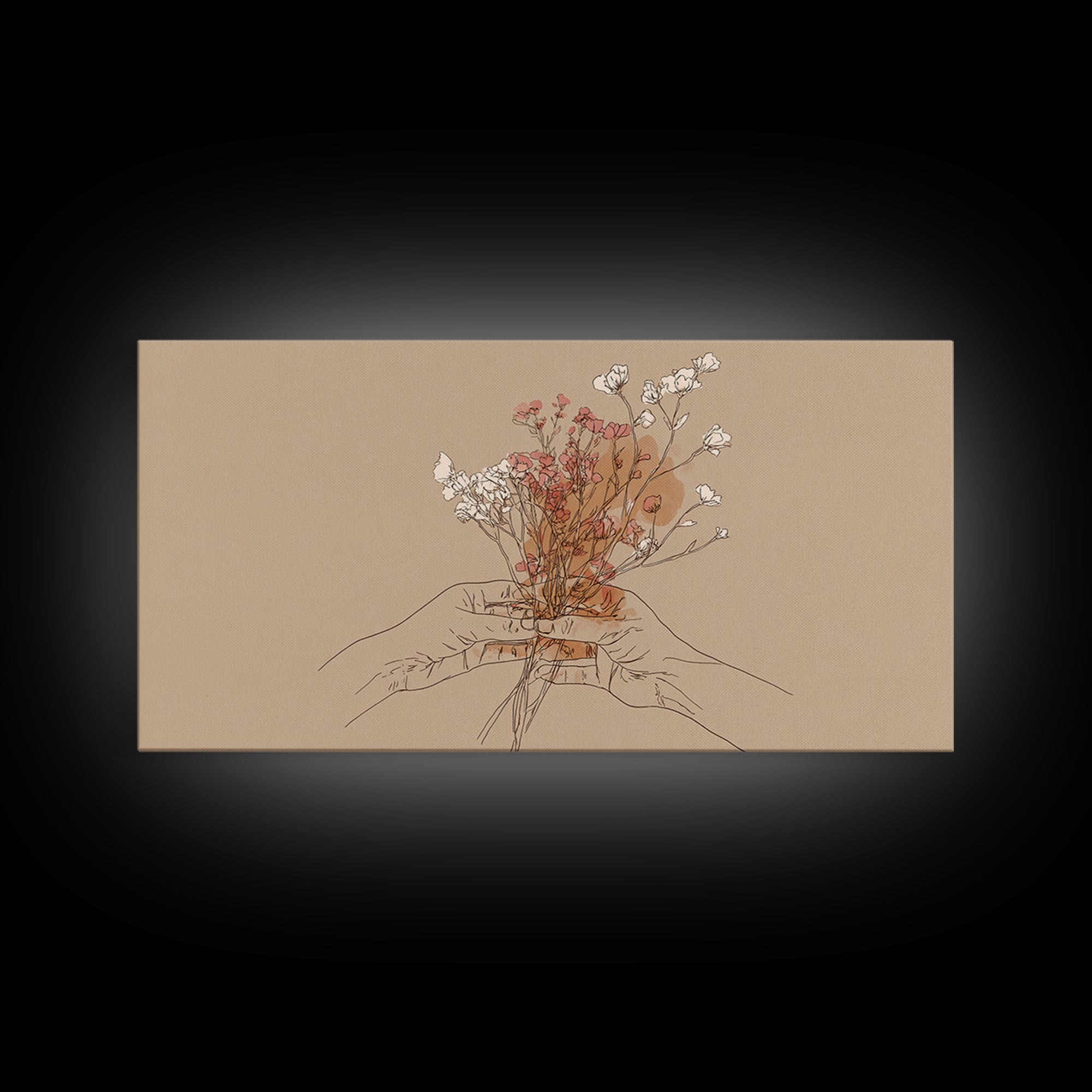 Hands Holding Wildflowers Wall Art, Minimal Line Art Canvas Print, Neutral Botanical Decor, Feminine Bedroom Gift For Her
