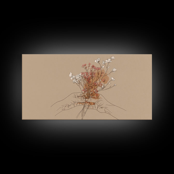 Hands Holding Wildflowers Wall Art, Minimal Line Art Canvas Print, Neutral Botanical Decor, Feminine Bedroom Gift For Her