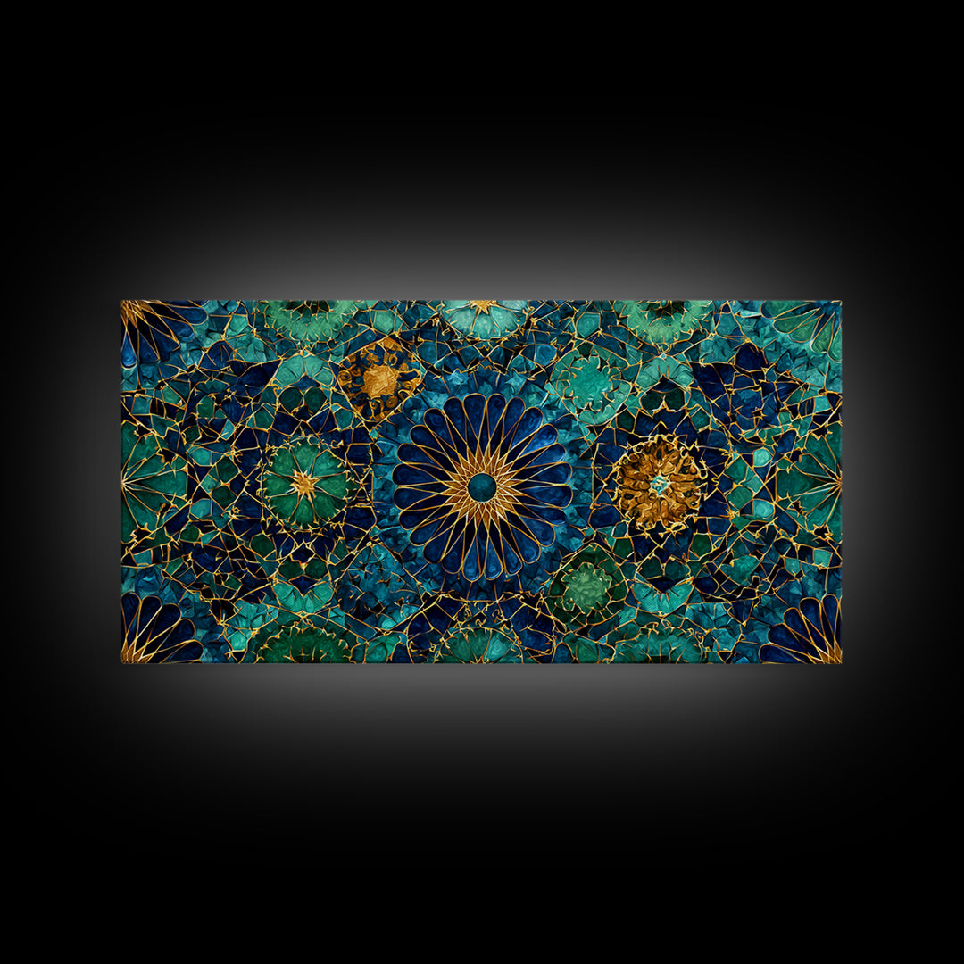 Teal Gold Floral Mosaic Canvas Print, Moroccan Wall Art, Geometric Pattern Decor, Mediterranean Tile Gift For Her, Luxury Home Decor