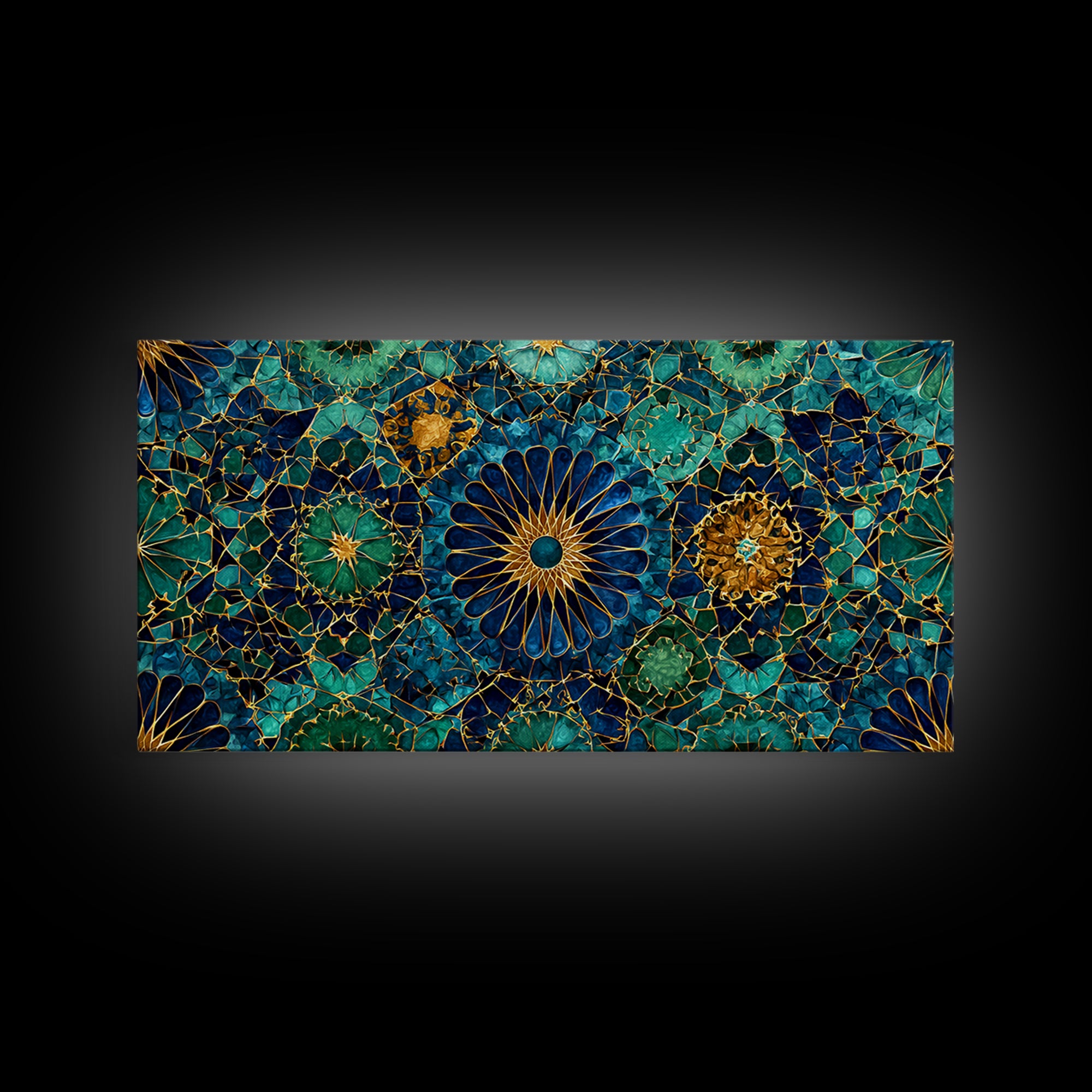 Teal Gold Floral Mosaic Canvas Print, Moroccan Wall Art, Geometric Pattern Decor, Mediterranean Tile Gift For Her, Luxury Home Decor
