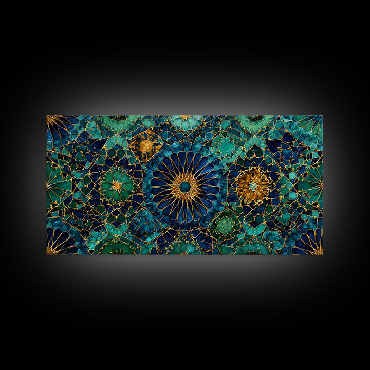 Teal Gold Floral Mosaic Canvas Print, Moroccan Wall Art, Geometric Pattern Decor, Mediterranean Tile Gift For Her, Luxury Home Decor