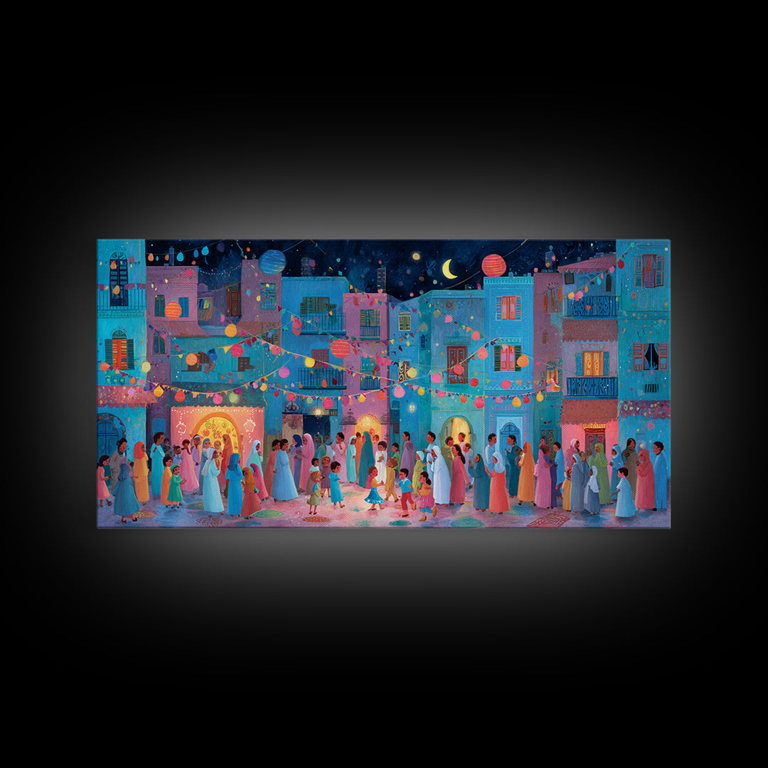 Colorful Moonlit Wedding Street Wall Art, Mediterranean Festival Canvas Print, Dopamine Decor, Joyful Village Poster Gift