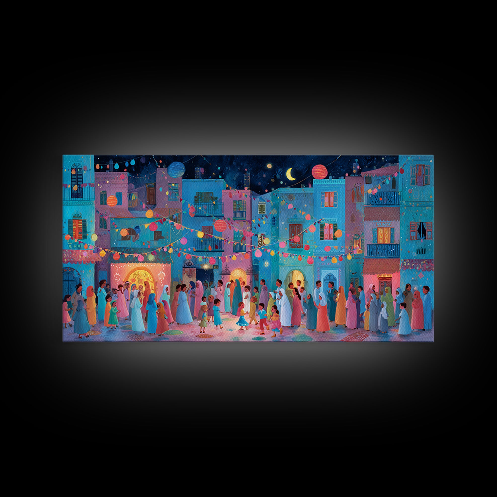Colorful Moonlit Wedding Street Wall Art, Mediterranean Festival Canvas Print, Dopamine Decor, Joyful Village Poster Gift
