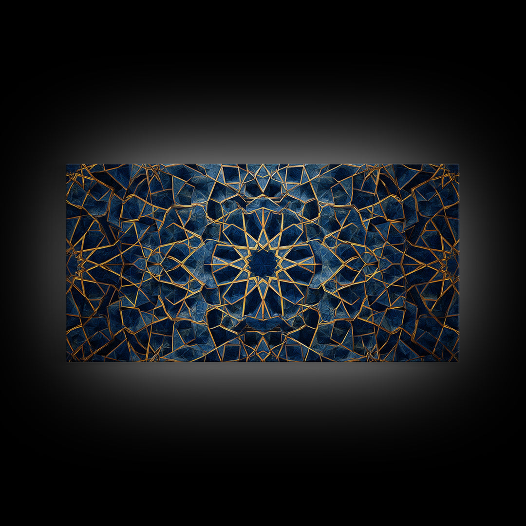 Blue Gold Islamic Geometric Wall Art, Sacred Pattern Canvas Print, Moroccan Tile Decor For Modern Living Room Home Decor Gift