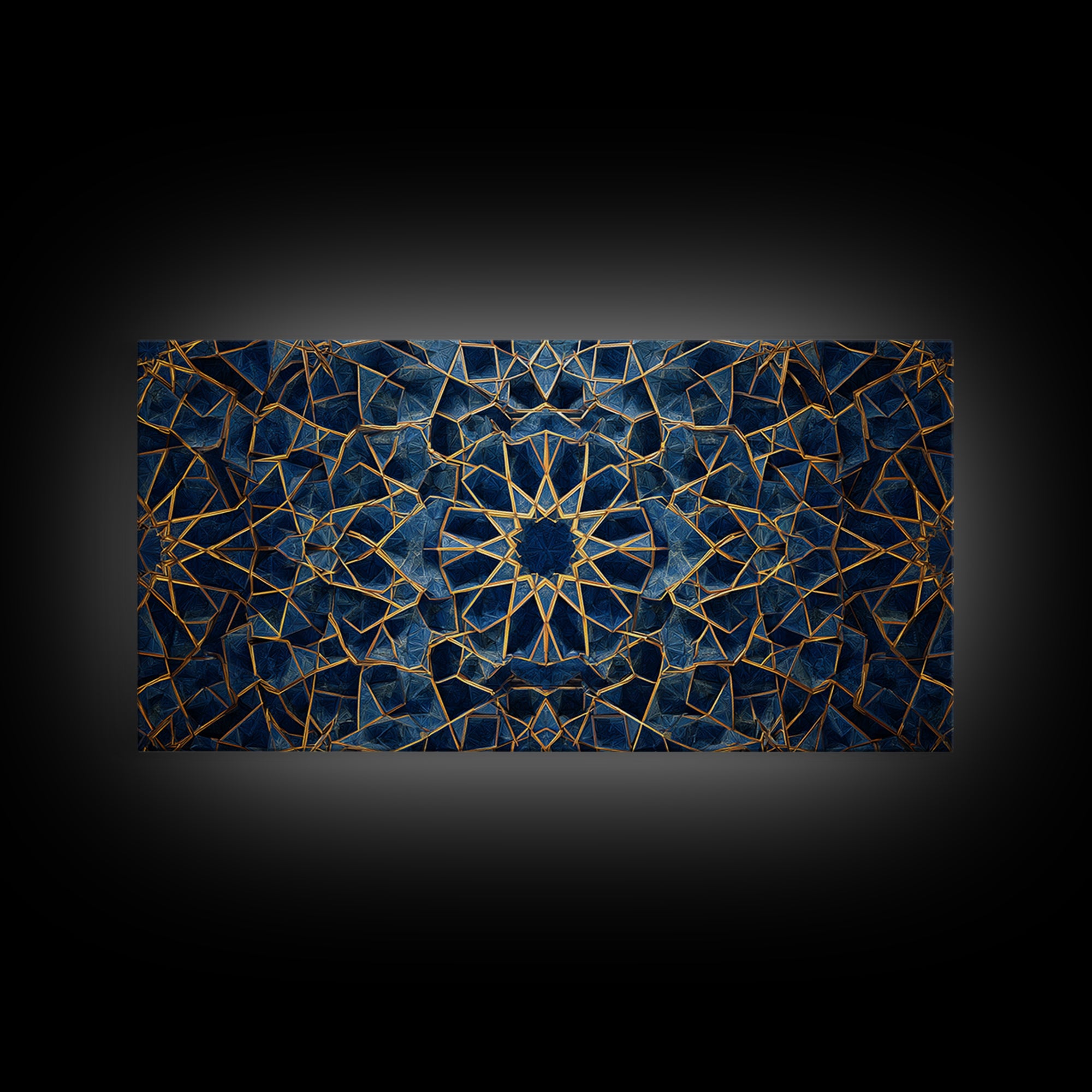 Blue Gold Islamic Geometric Wall Art, Sacred Pattern Canvas Print, Moroccan Tile Decor For Modern Living Room Home Decor Gift