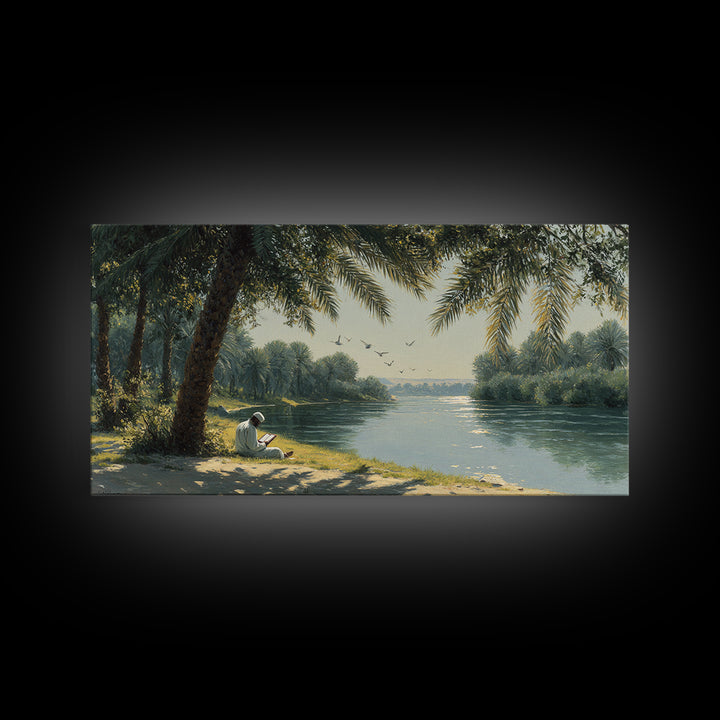 Palm Shaded River Reader Canvas Print, Serene Tropical Landscape Wall Art, Coastal Home Decor, Office Decor, Housewarming Gift For Her