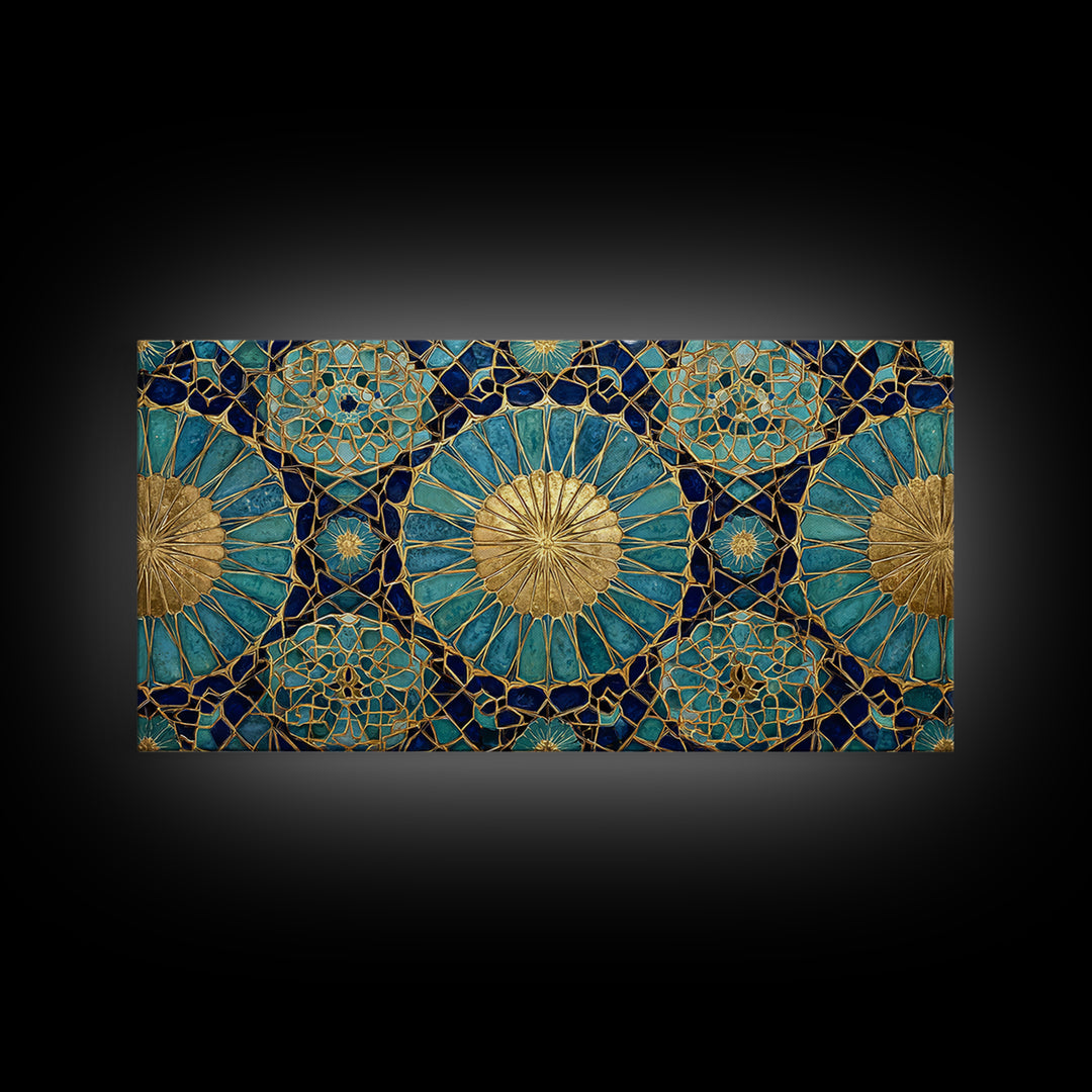 Teal And Gold Islamic Geometric Mosaic Wall Art, Moroccan Decor, Arabic Pattern Art, Spiritual Canvas Print, Luxury Home Decor