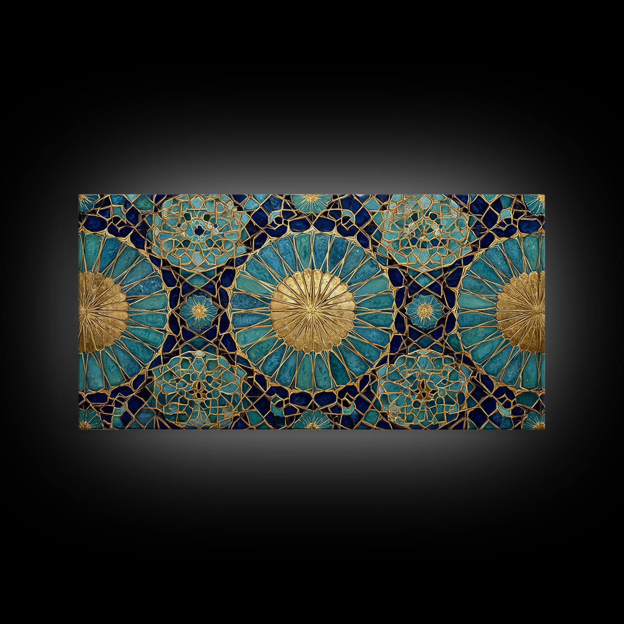 Teal And Gold Islamic Geometric Mosaic Wall Art, Moroccan Decor, Arabic Pattern Art, Spiritual Canvas Print, Luxury Home Decor