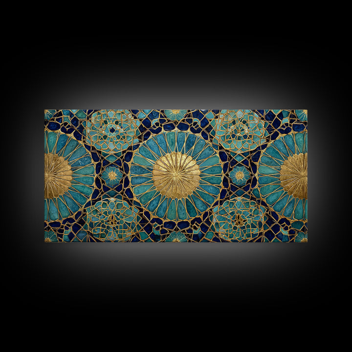 Teal And Gold Islamic Geometric Mosaic Wall Art, Moroccan Decor, Arabic Pattern Art, Spiritual Canvas Print, Luxury Home Decor