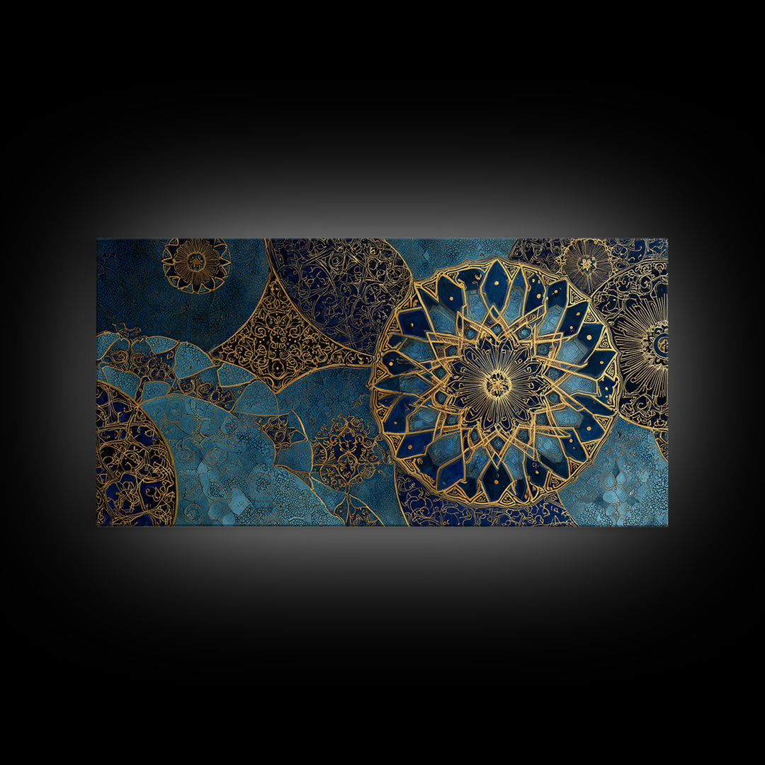 Blue Gold Islamic Mandala Wall Art, Moroccan Geometric Canvas Print, Arabic Home Decor, Large Living Room Wall Decor, Gift