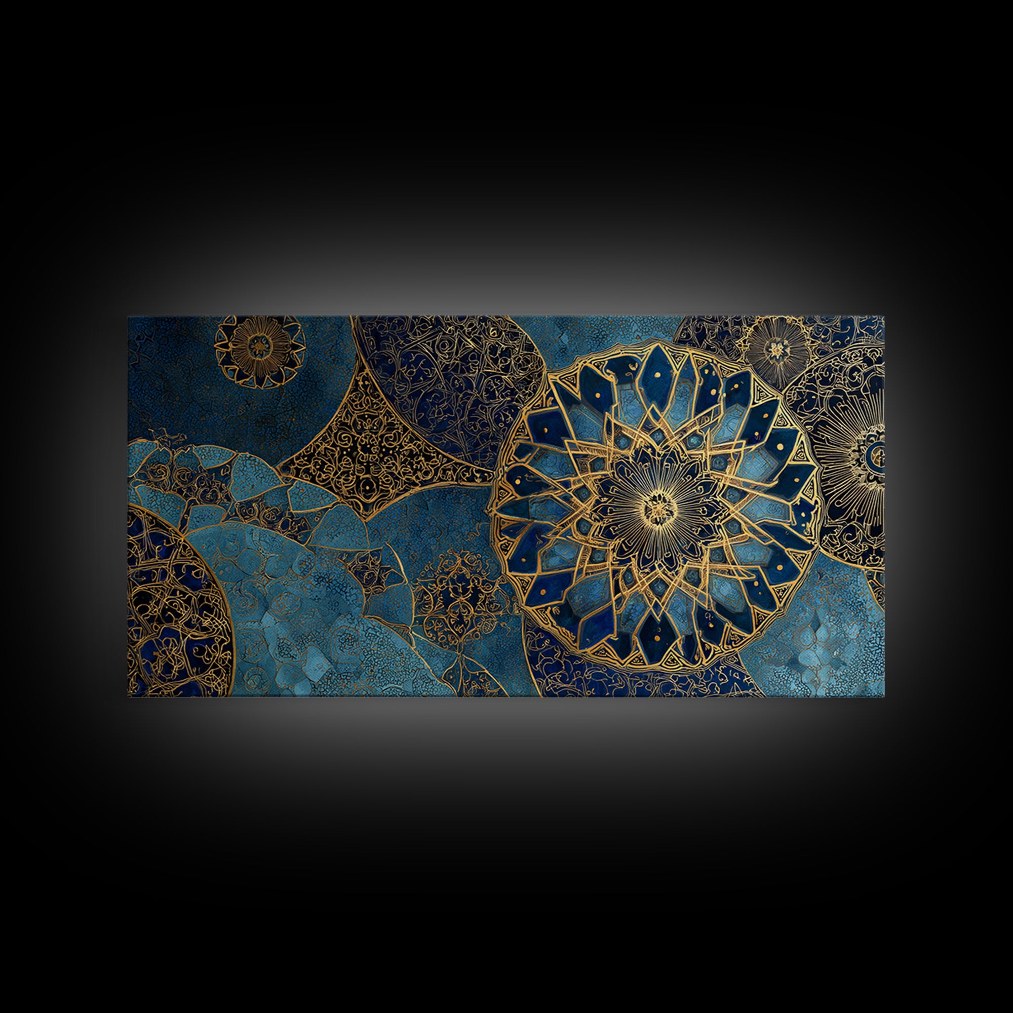 Blue Gold Islamic Mandala Wall Art, Moroccan Geometric Canvas Print, Arabic Home Decor, Large Living Room Wall Decor, Gift